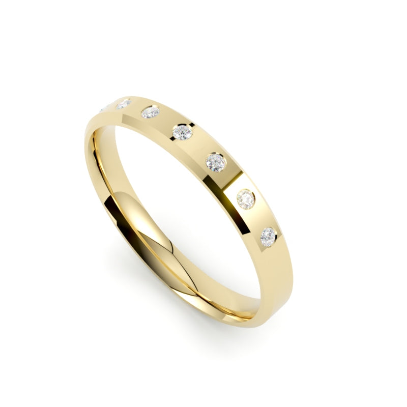 Obrączka ślubna z diamentami, żółte złoto 750, profil płaski fazowany, powierzchnia polerowana, GOLDPORT